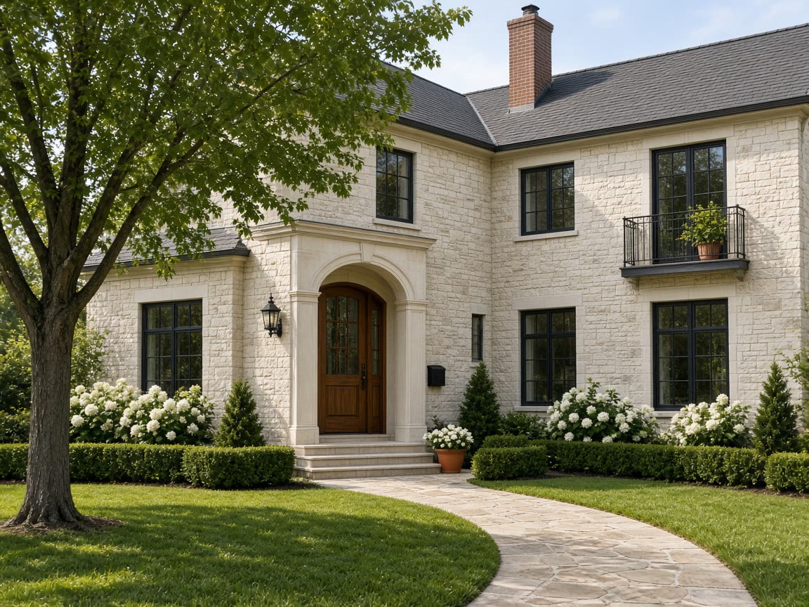 Cream limestone North Shore house with an arched wood door and a curved stone walk — an occupied residence, not a completed addition