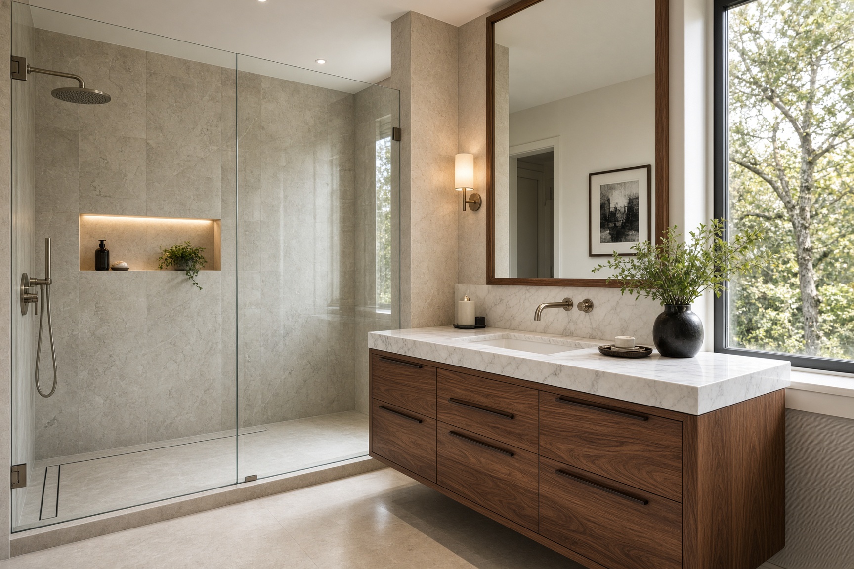 Highland Park primary bath with a stone walk-in shower and walnut vanity