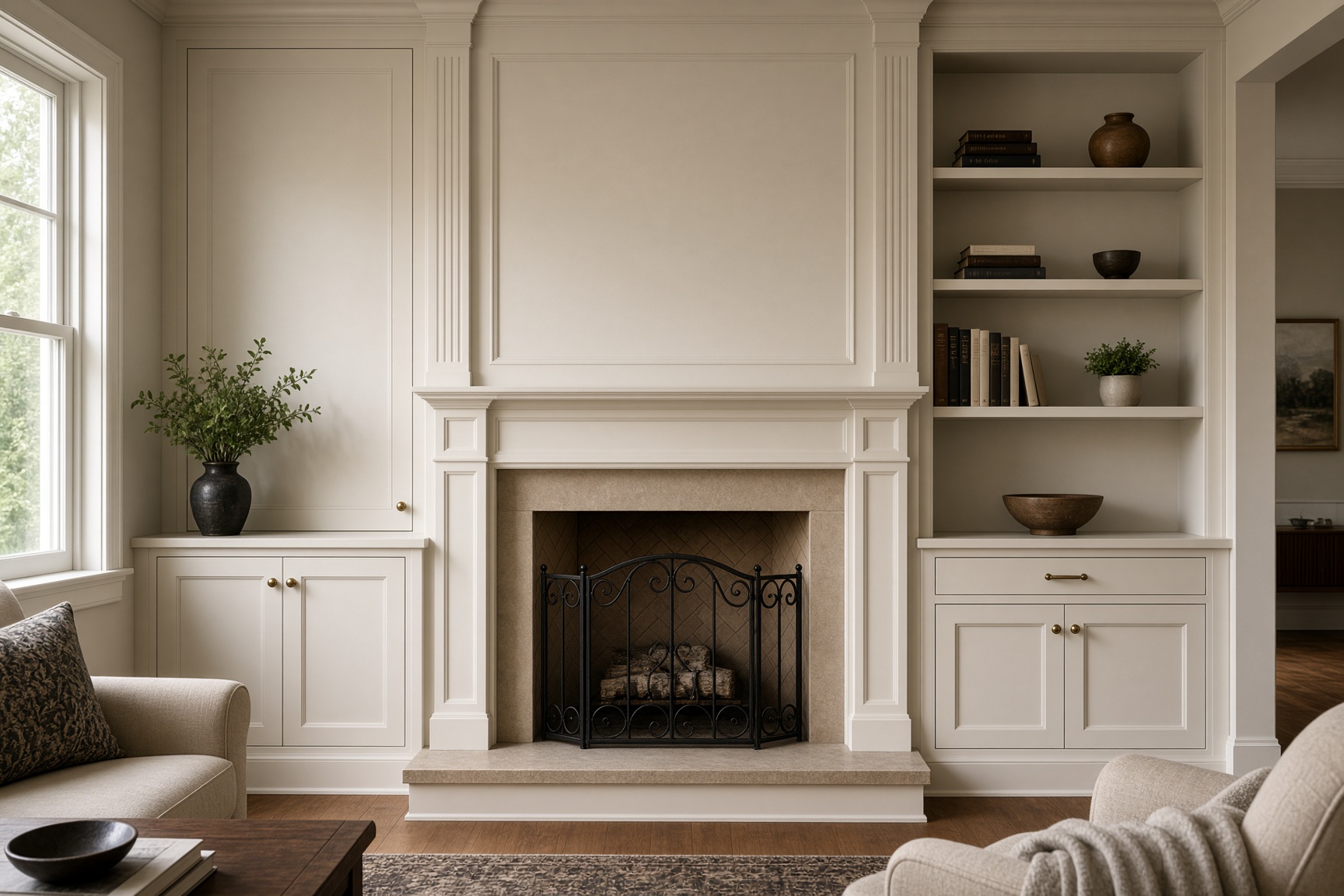 Painted built-in millwork around a fireplace in a Winnetka living room