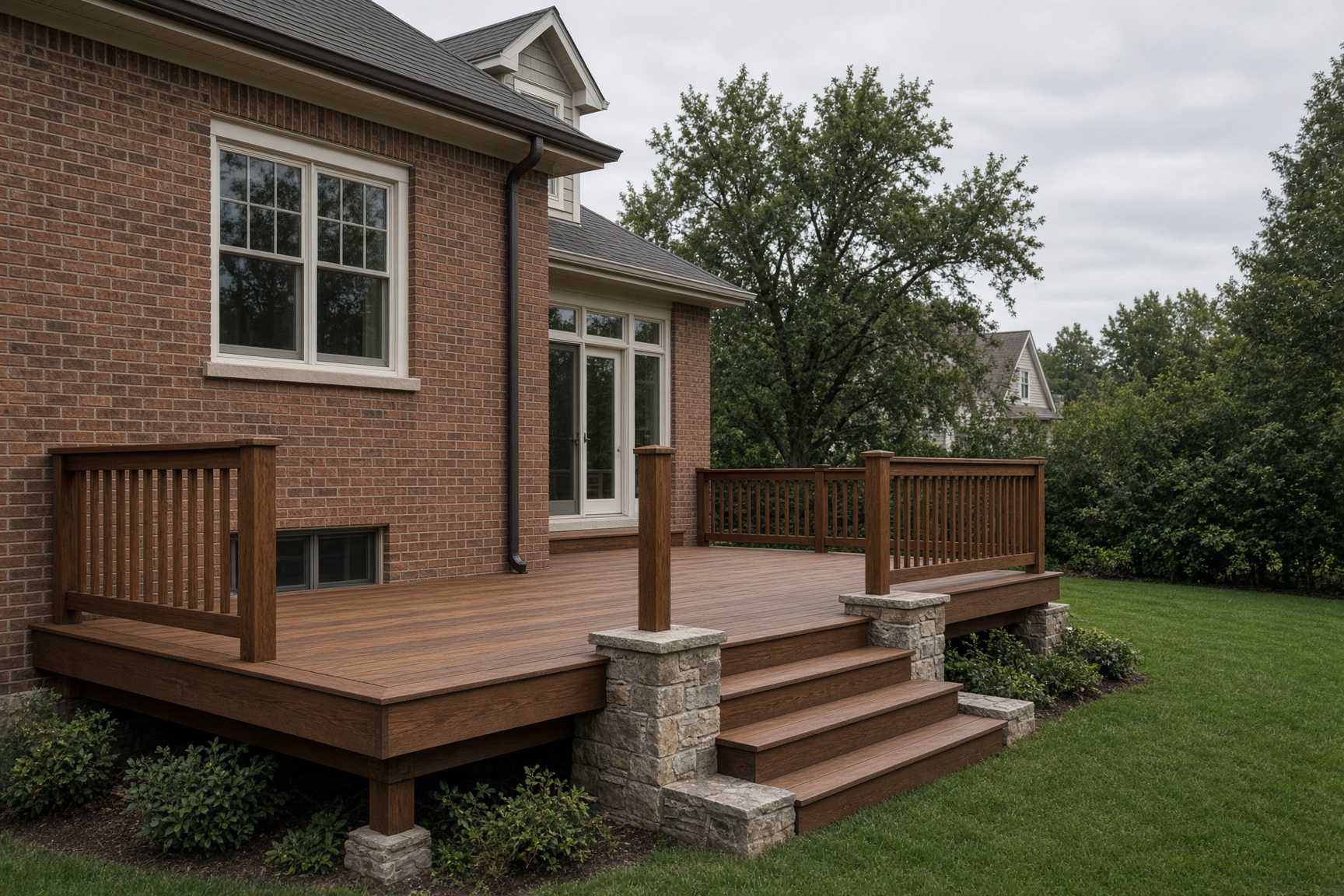 Custom wood deck attached to a Wilmette brick house