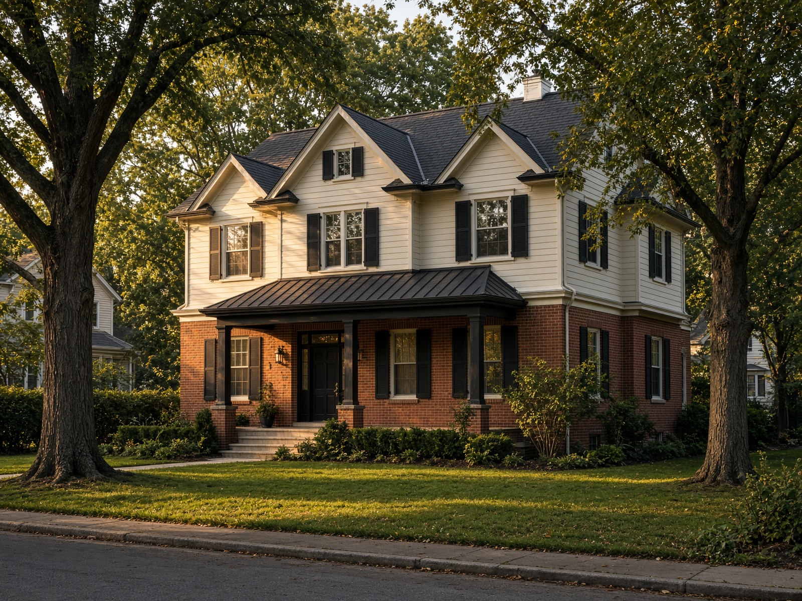 Custom new home on Chicago’s North Shore — brick colonial with clapboard and a standing-seam portico on an existing lot