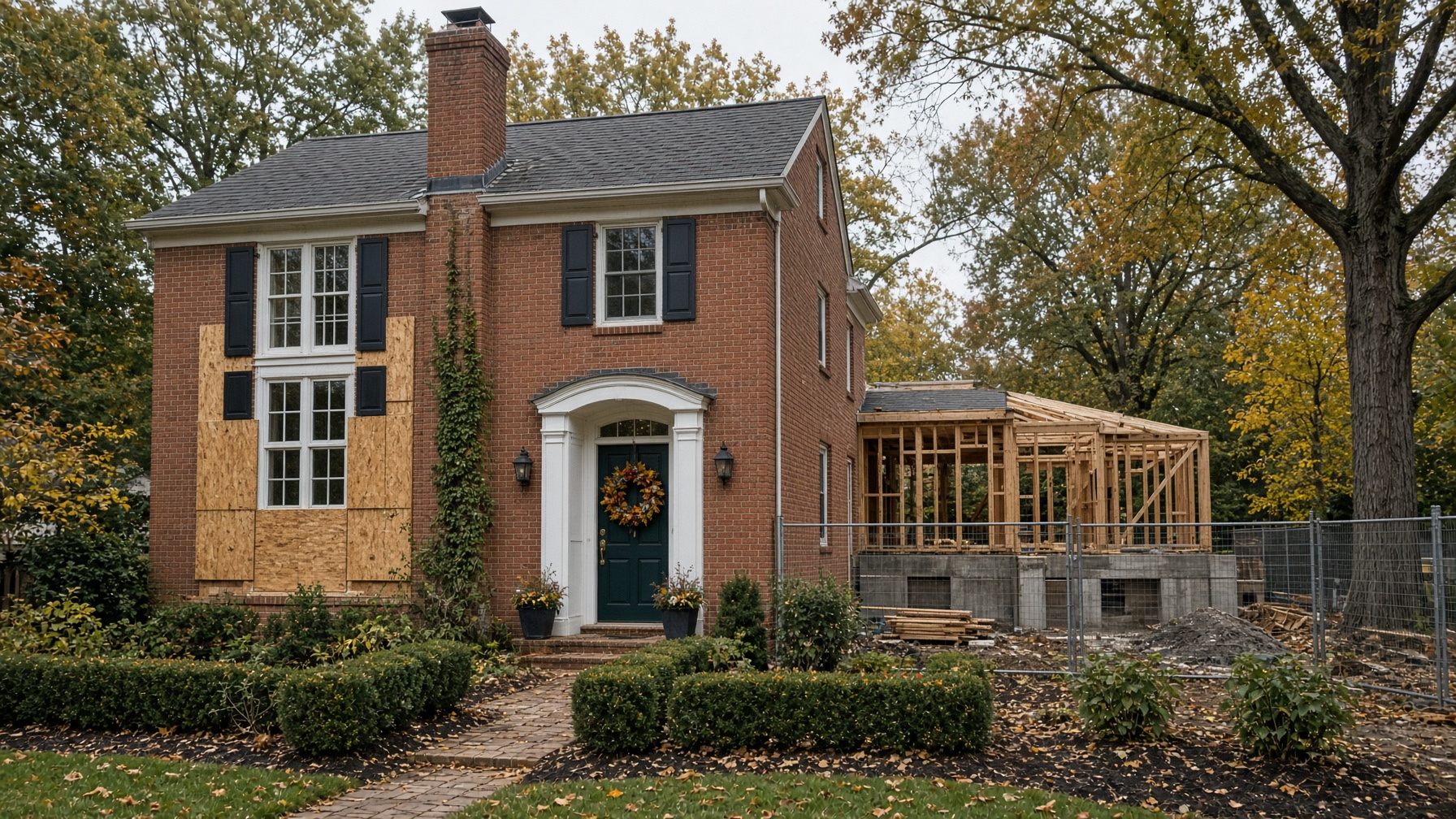 Occupied North Shore house during a rear home addition, with site fencing and the family still living in the front