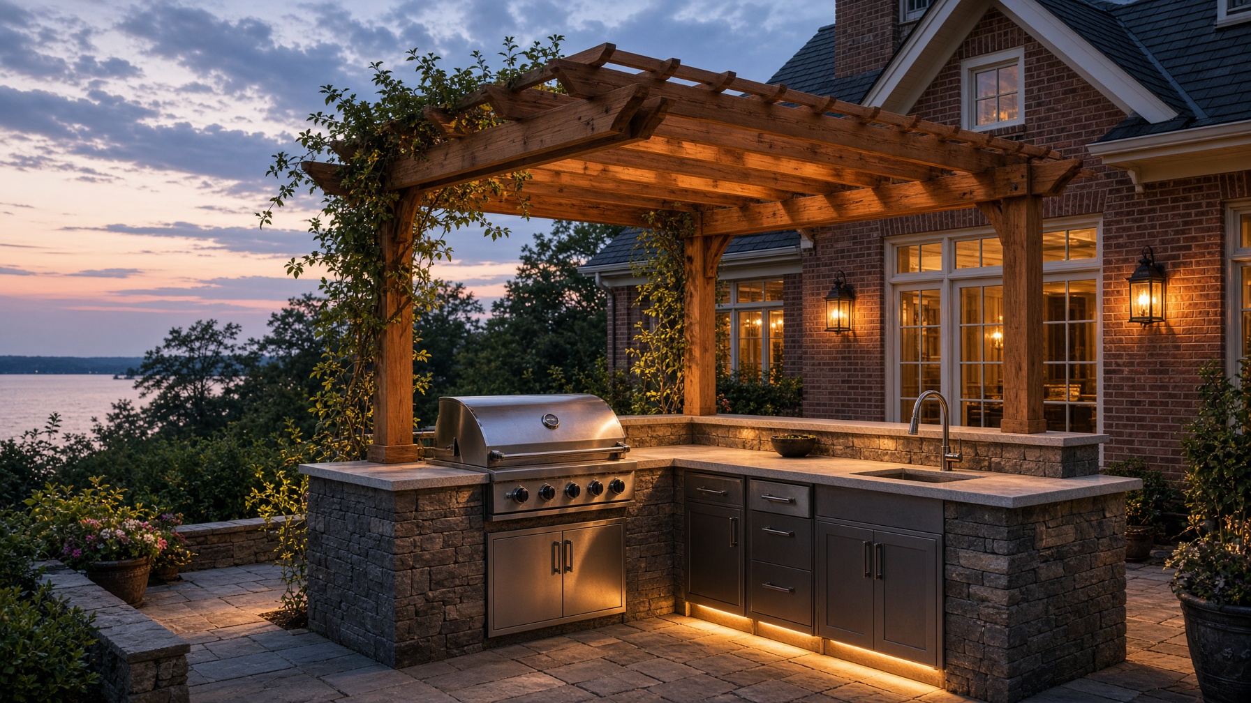 Dusk outdoor kitchen with stone counters and a grill on a Lake Bluff terrace