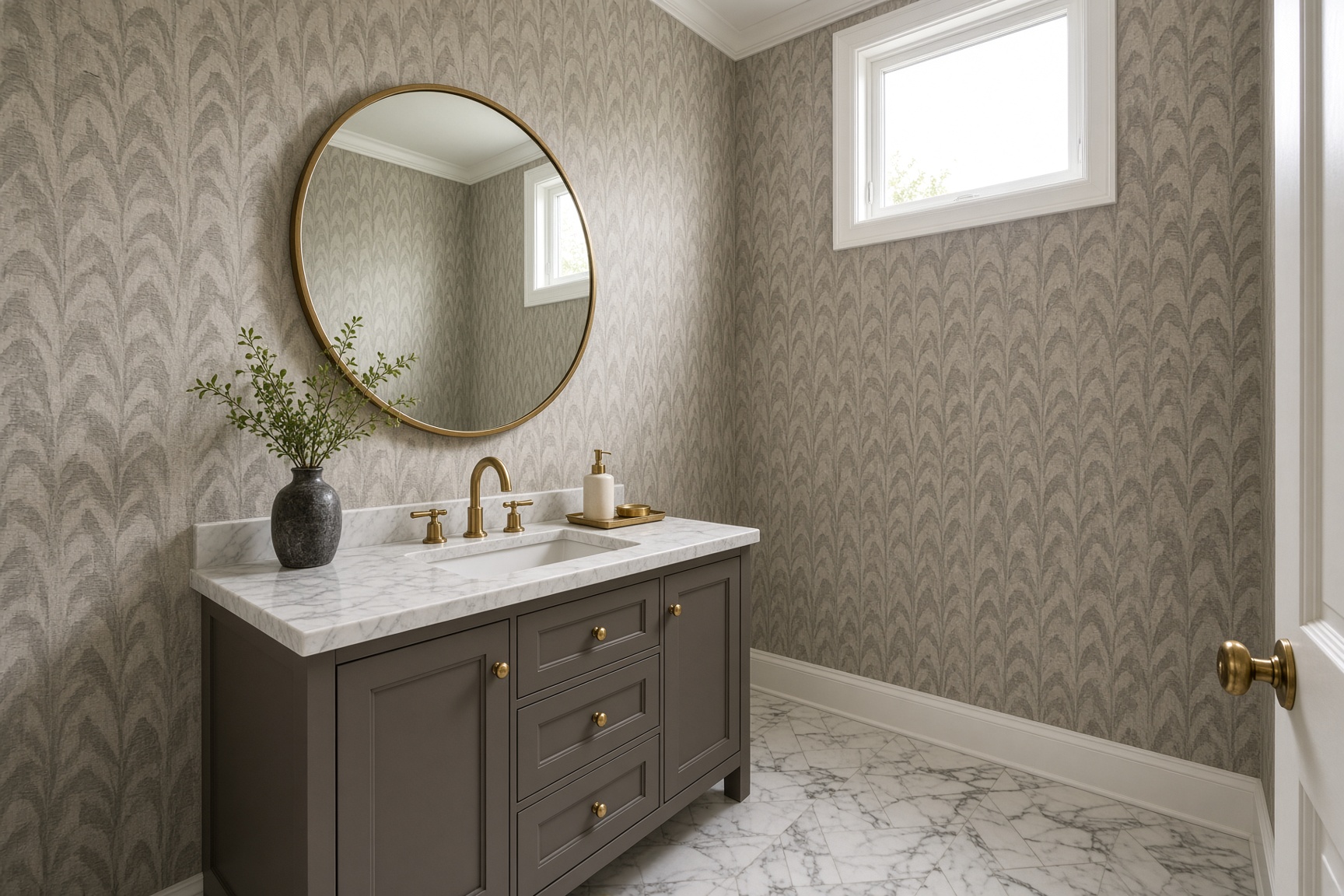 Finished Winnetka powder room with marble floor and brass fittings